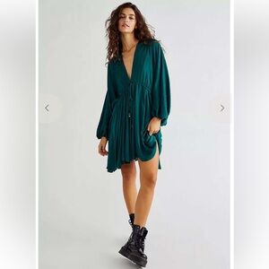 NEW Free People Arzel Samantha Lace Up Mini Dress Green Long Sleeves Size Small
